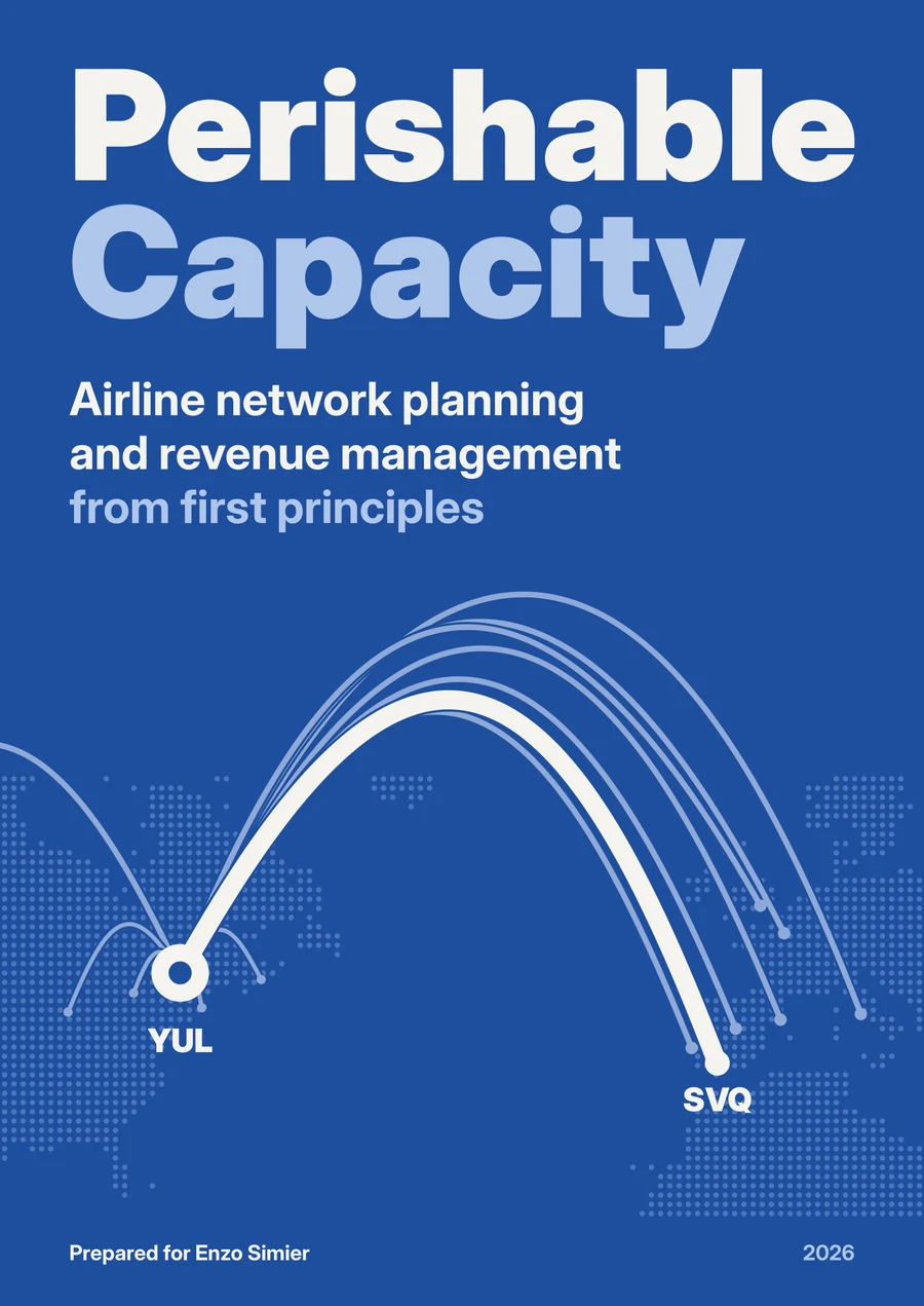 Cover of Perishable Capacity: great-circle routes radiating from Montreal, with the route to Seville drawn in blue